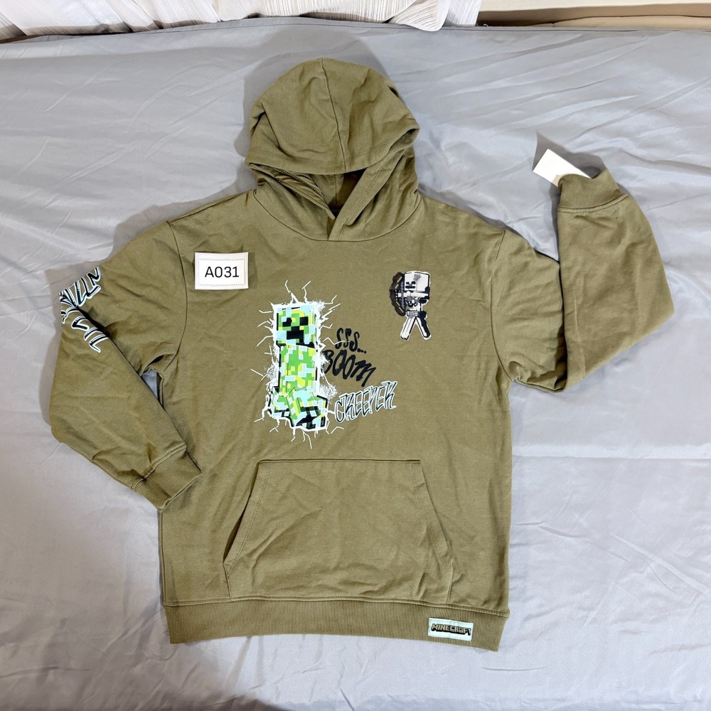 Minecraft Creeper Hoodie Boys Olive Green Large 14 16 Graphic Pullover Games NWT